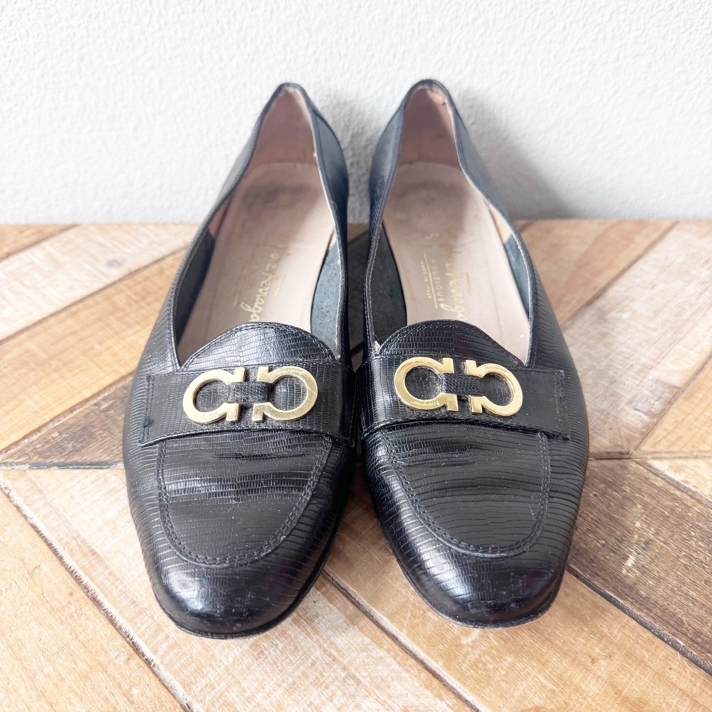 Salvador Ferragamo Black Loafers with Gold Accent - Picture 8 of 14